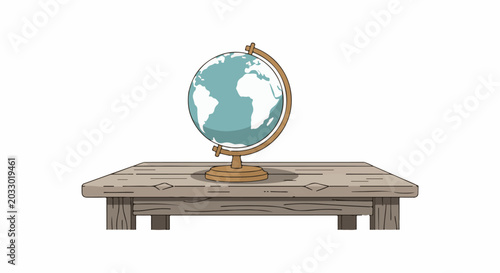 A globe sits on a rustic wooden table, depicting continents and oceans