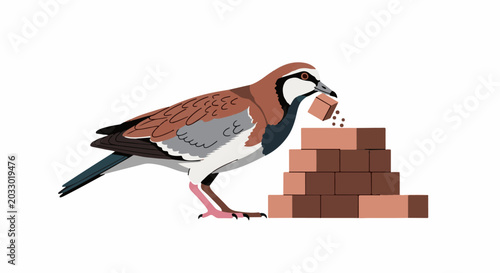 Bird building a brick wall with a small brick in its beak