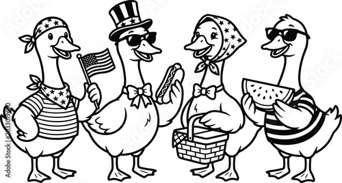 Canvastavla Cute Duck Family Cartoon Illustration Black and White Farm Bird Coloring Page Li