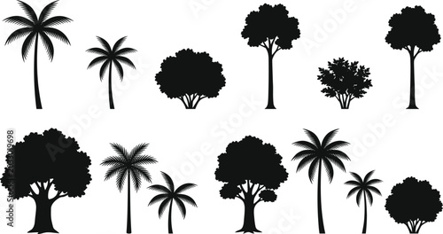 Fotografía Collection of diverse tree silhouette illustrations including palm and broadleaf