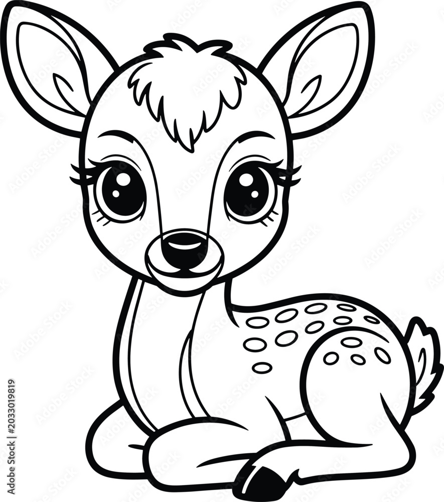 Fototapeta premium Cute Baby Deer Illustration Black and White Hand Drawn Forest Animal Coloring Page Style Artwork