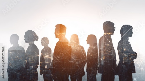 Double exposure of diverse business team silhouettes with city skyline and network lines teamwork corporate collaboration diversity leadership office group profile silhouette