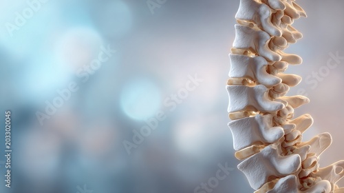 Close-up of human spine model with blue bokeh background
