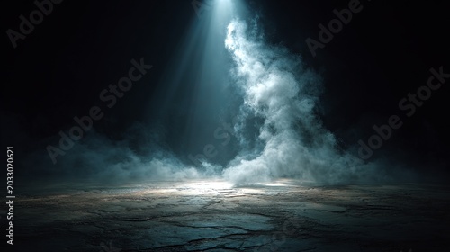 Mysterious spotlight illuminating smoke on dark stage background