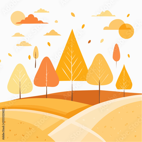 Autumn landscape scene with trees, hills, and clouds in a warm orange color palette during daytime.