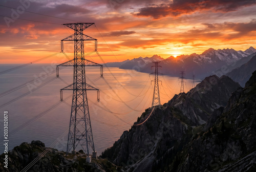 High voltage power transmission towers running along rugged mountain ridge at coastal sunset, energy infrastructure, Generative AI