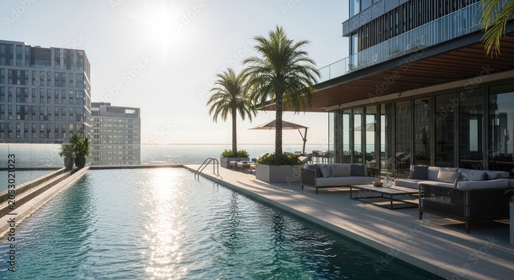 Fototapeta premium Luxury Rooftop Infinity Pool and Lounge with City and Ocean View, Photo-realistic