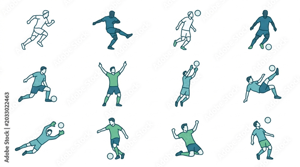 Fototapeta premium Soccer Player Icon Set: Action Poses and Goalkeeper