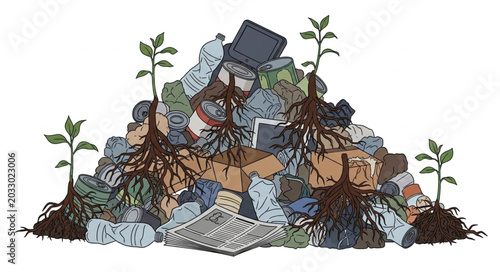 Quadro su tela Pile of discarded clothing and trash with small plants growing from it