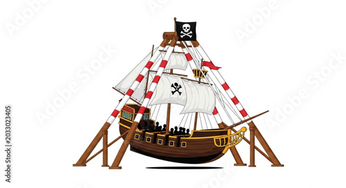 Foto Pirate Ship Model Displayed on Stands.
