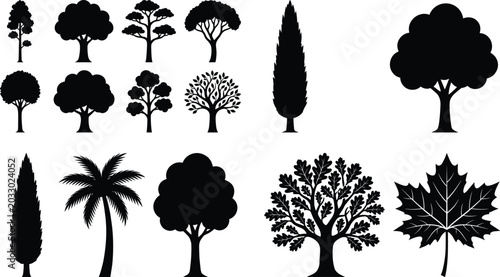 Foto WebTree and leaf silhouette collection with coniferous evergreens, broadleaf rou