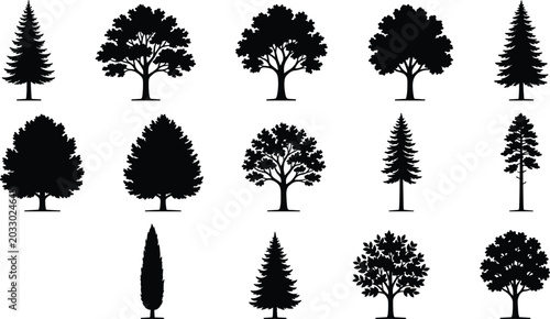 Fotografía WebTree silhouette collection with coniferous evergreens, broadleaf rounded cano