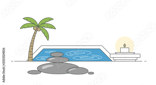 Photography Zen spa oasis with palm tree, pool, and stacked stones