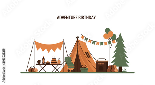 Adventure Birthday Camping Scene with Tent, Cake, Gifts, and Balloons