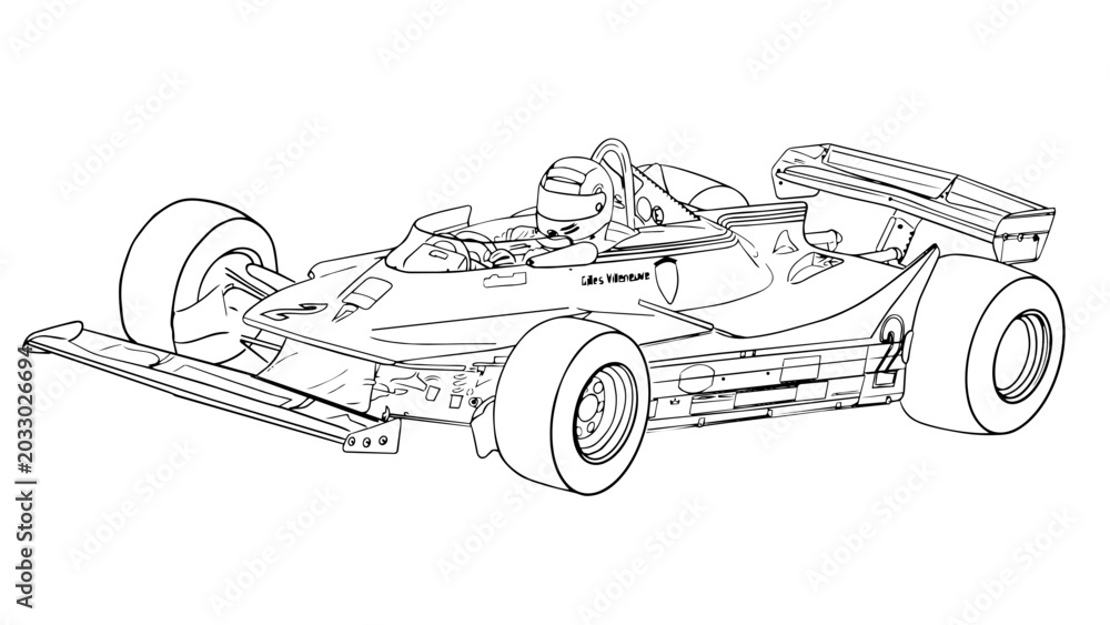 Fototapeta premium Vintage Formula 1 racing car line art, retro F1 race car illustration with driver