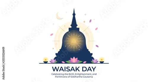 Foto Waisak Day Illustration Featuring Glowing Stupa Temple with Moon and Flowers