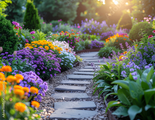 Colorful designer garden with blooming phlox, marigolds, and lilies, showcasing vibrant floral landscaping, lush greenery, and romantic botanical atmosphere.