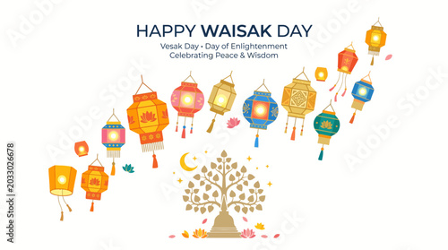 Schilderij op canvas Happy Waisak Day Greeting Card Design with Hanging Lanterns and Ornaments