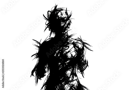 Abstract silhouette of a human figure with chaotic brushstrokes.