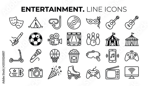 Entertainment Line Icons Set Isolated on White Background Vector