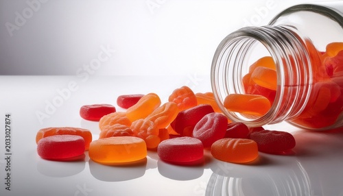 a transparent bottle spills red and orange gummy vitamins onto a clean white surface