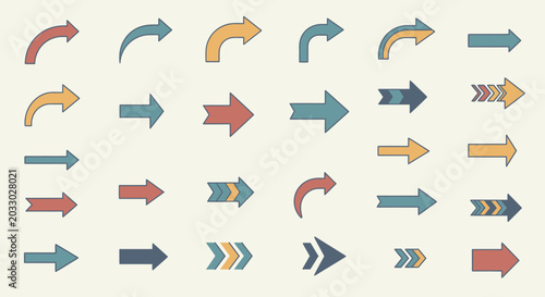 A diverse collection of colorful arrow icons in various styles and directions, including curved, straight, solid, and chevron patterns, set against a light background.