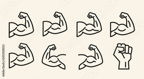 Cuadro en lienzo A collection of line art icons depicting strong, flexed biceps and a clenched fist, symbolizing strength, power, and fitness
