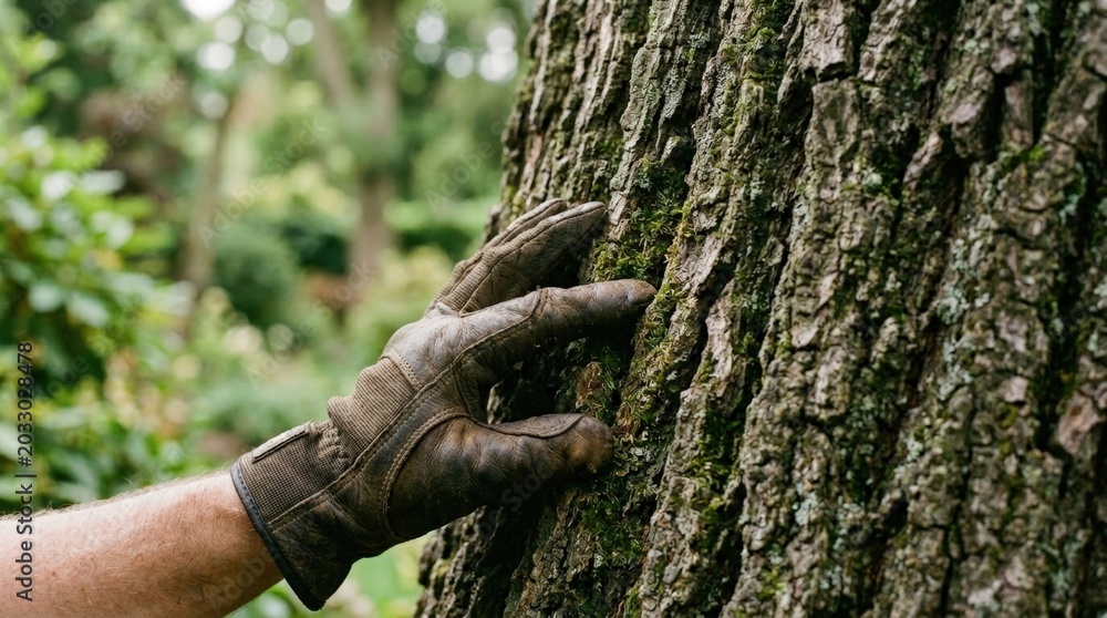 Fototapeta premium Arborist Wearing Glove Inspecting Tree Bark Up Close