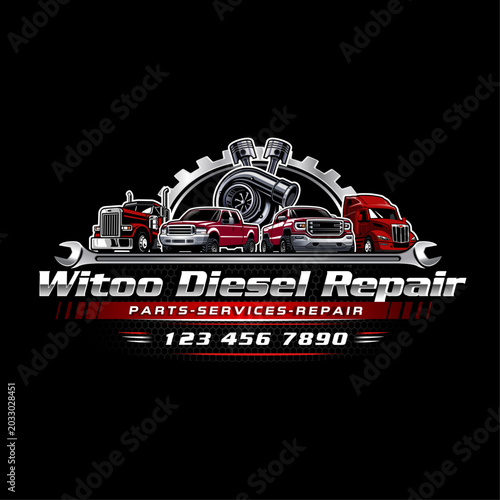 Foto Red Truck Mechanic Logo Semi Truck Garage Branding