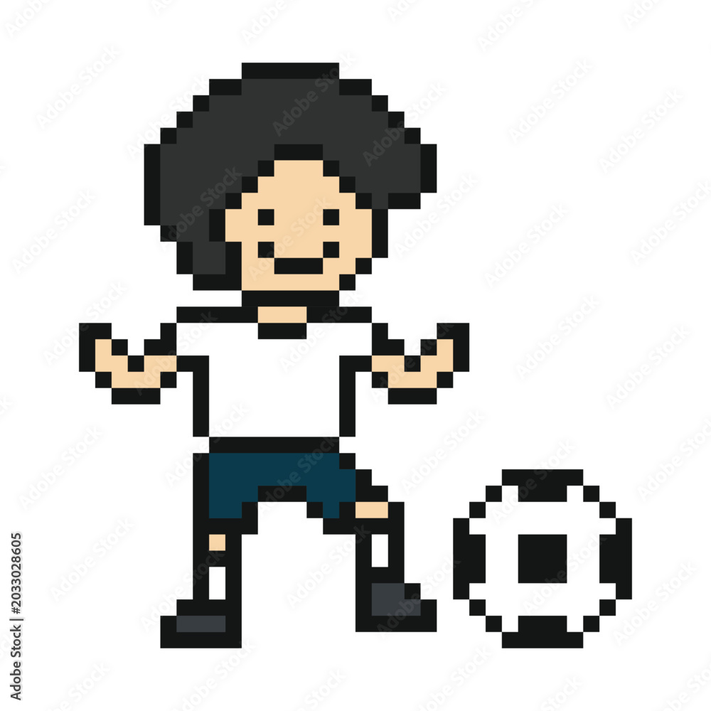 Obraz premium Cute man play football or kick ball 8 bit cartoon with soccer,exercise,cup,world.