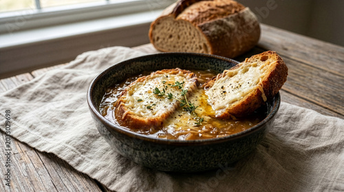Obraz na płótnie Hearty French Onion Soup with Toasted Bread and Melted Cheese Served in a Bowl o