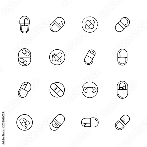Medicine Capsule Outline Icons, Minimal Drug Symbol Bundle, Healthcare Capsule Illustration Pack, Medical Pill Graphic Collection, Capsule Medicine Vector Icons