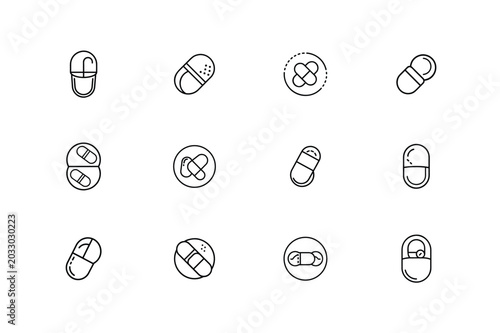 Medicine Capsule Outline Icons, Minimal Drug Symbol Bundle, Healthcare Capsule Illustration Pack, Medical Pill Graphic Collection, Capsule Medicine Vector Icons
