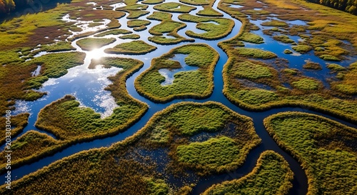 Aerial view of winding river delta, green wetlands landscape, natural waterways, serene environment