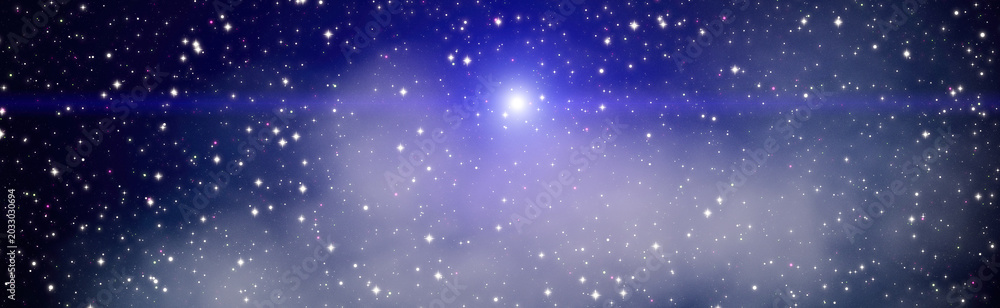 Obraz premium Panoramic blue space background. Bright glowing star with lens flare in deep starry universe and soft nebula cloud.