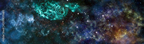 Majestic deep space panorama featuring a vibrant teal nebula, glowing cosmic dust, and billions of stars
