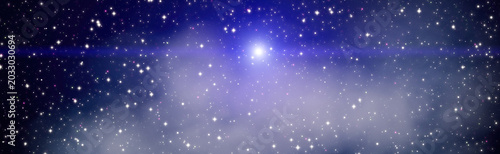 Panoramic blue space background. Bright glowing star with lens flare in deep starry universe and soft nebula cloud.