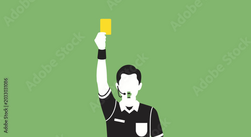 A minimalist illustration of a soccer referee holding up a yellow card against a plain green background.
