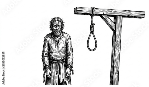 Photos Vintage prisoner and gallows sketch vector illustration isolated on white backgr