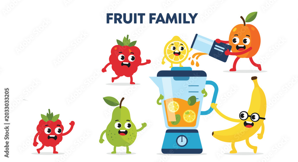 Fototapeta premium Cute cartoon fruits including orange, banana, pear, and raspberries interacting with a blender in a fun fruit family illustration.