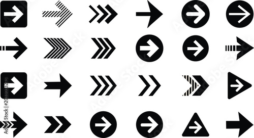 Collection of various black arrow icons on isolated white background for design and navigation purposes