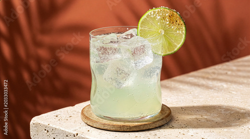 Fotografija Cold and refreshing lime cocktail with ice and a salt rim on a stone surface