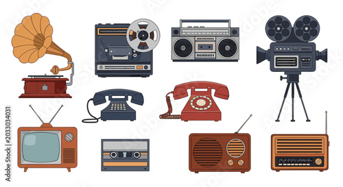 Nostalgic set of retro media and communication equipment including a gramophone, television, radio, tape recorder, and movie camera.