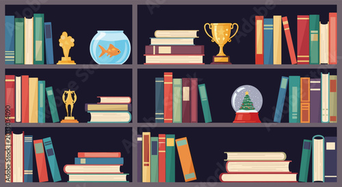 Wooden bookshelves filled with colorful books, academic trophies, a goldfish bowl, and a winter snow globe on a dark background.