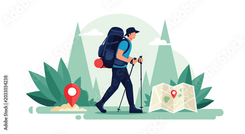 Male adventurer hiking through forest with large backpack and trekking poles while exploring nature trail with map and markers.