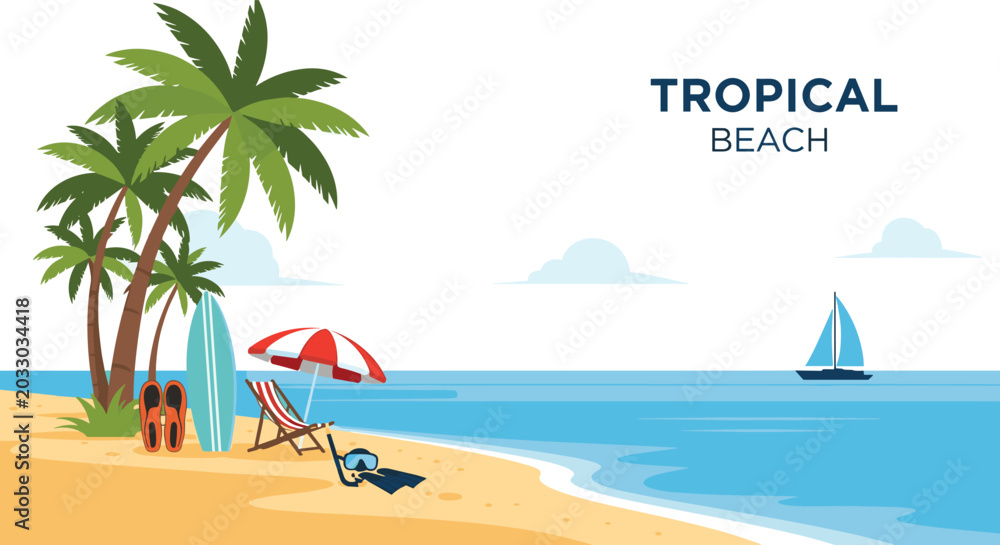 Obraz premium Tropical vacation scene with palm trees a surfboard beach chair and a sailboat on the calm blue ocean water.