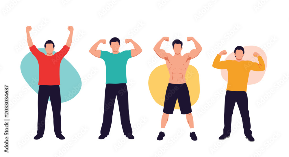 Fototapeta premium Group of four athletic men in different colorful outfits showing off their muscular physiques and strong arm biceps muscles.