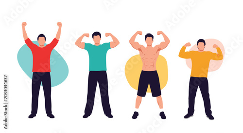 Group of four athletic men in different colorful outfits showing off their muscular physiques and strong arm biceps muscles.