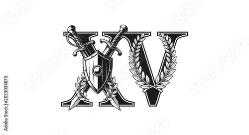 Fotografía Roman numeral XV with shield and swords emblem.