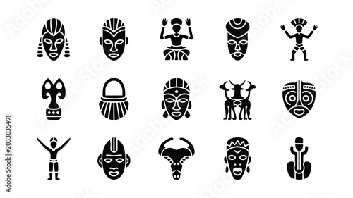 Collection of traditional African tribal masks and symbolic illustrations on white background